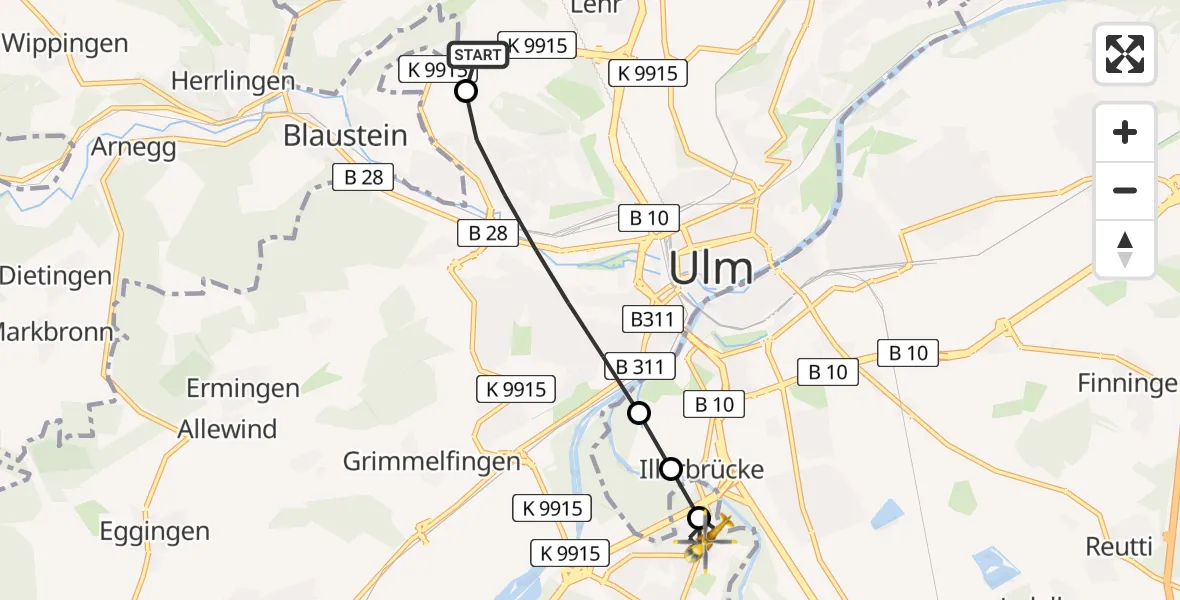 Flugroute Rettungshubschrauber ADAC Air Rescue Station Ulm (Christoph 22) - Ulm, 17 Februar 2026, 11:45