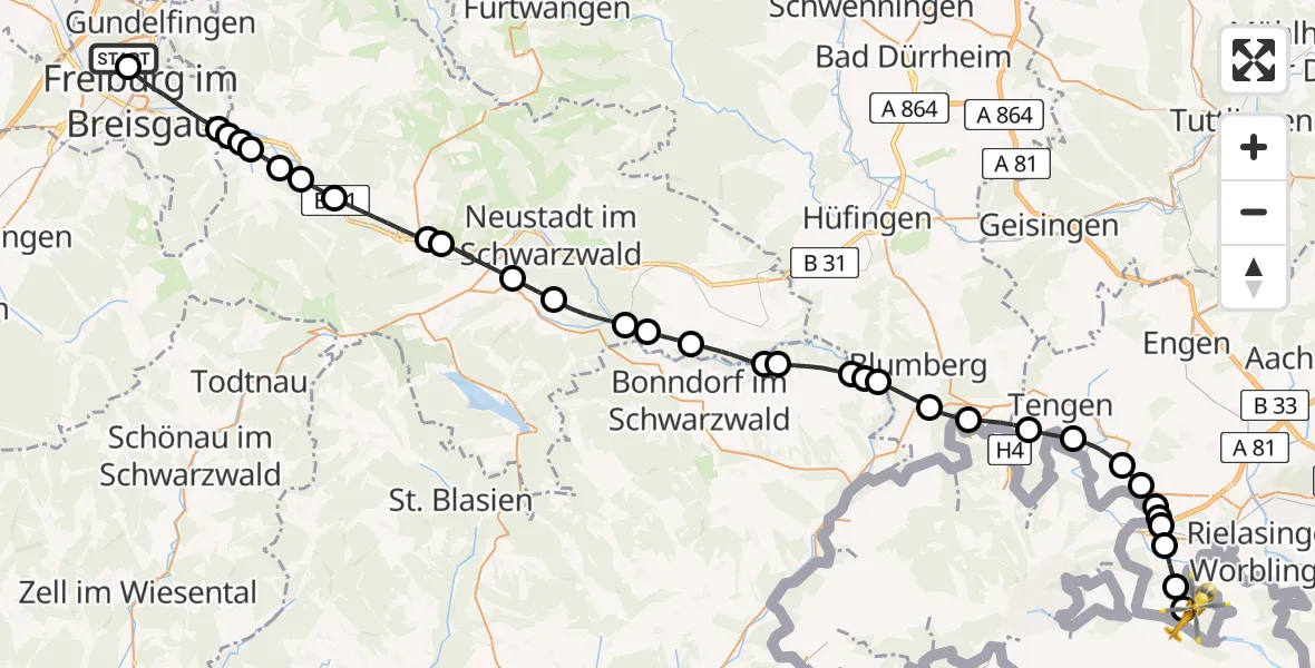 Flugroute Ambulanzhubschrauber Freiburg im Breisgau Airfield - Gailingen am Hochrhein, 17 Februar 2026, 11:52