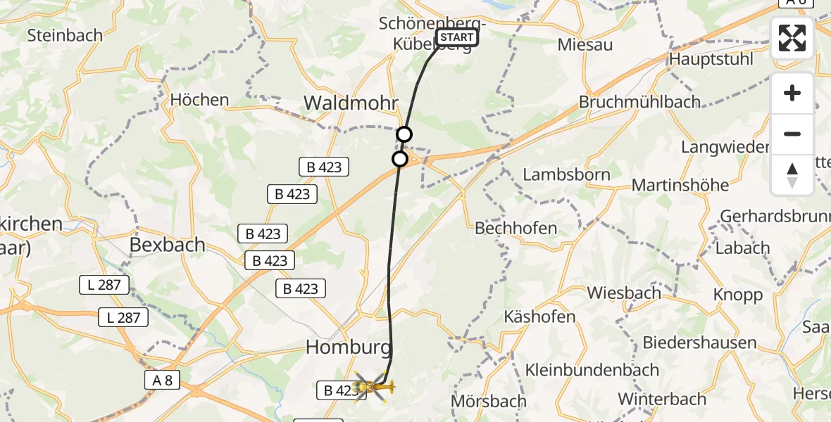 Routekaart van de vlucht: Rettungshubschrauber nach Homburg, Universitätsklinikum