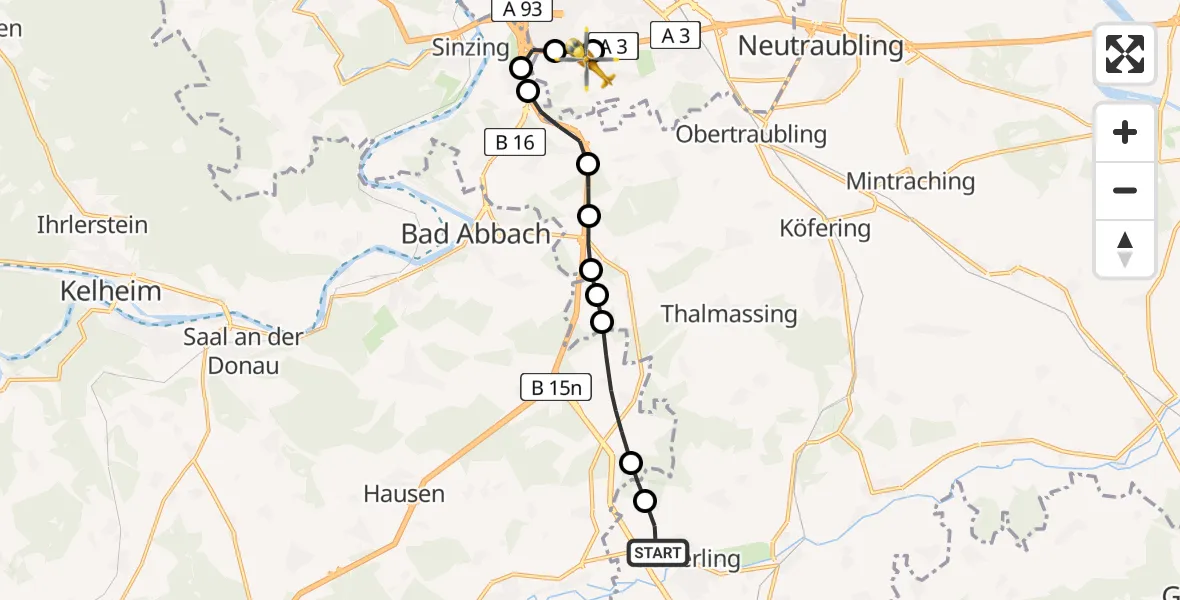 Routekaart van de vlucht: Rettungshubschrauber nach DRF Air Rescue Station Regensburg / Regensburg University Hospital Heliport