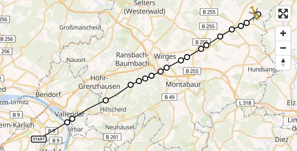 Flugroute Rettungshubschrauber Koblenz - Girkenroth, 17 Februar 2026, 11:52