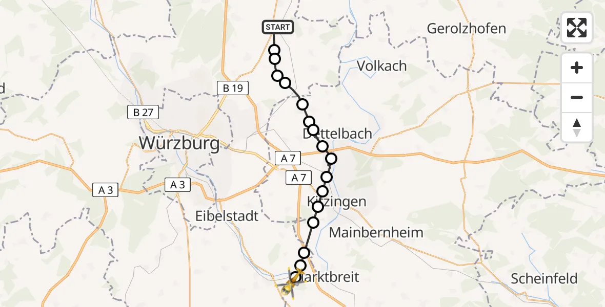 Flugroute Rettungshubschrauber Bergtheim - Ochsenfurt, 17 Februar 2026, 11:54