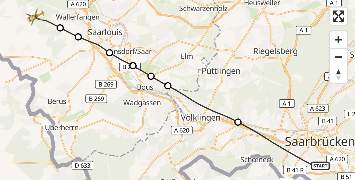 Flugroute Rettungshubschrauber Saarbrücken - Wallerfangen, 17 Februar 2026, 11:59