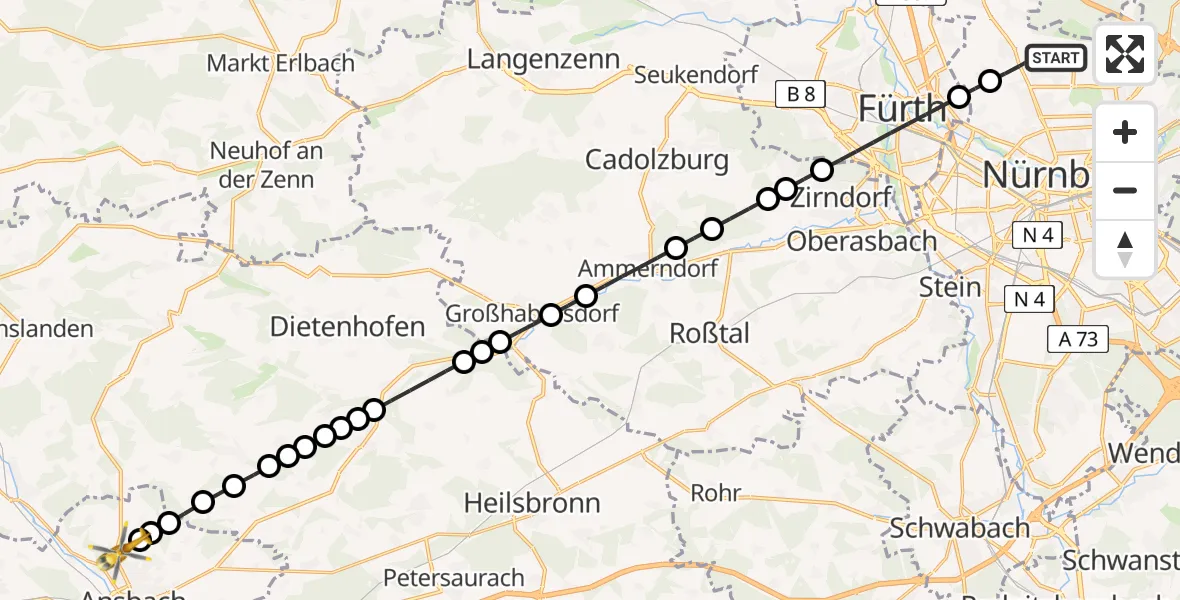 Flugroute Rettungshubschrauber Nuremberg Airport - Ansbach, 17 Februar 2026, 12:00