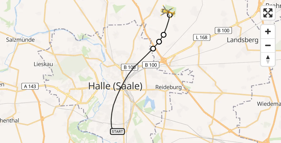 Flugroute Ambulanzhubschrauber Halle (Saale) - Halle-Oppin Airfield, 17 Februar 2026, 12:04