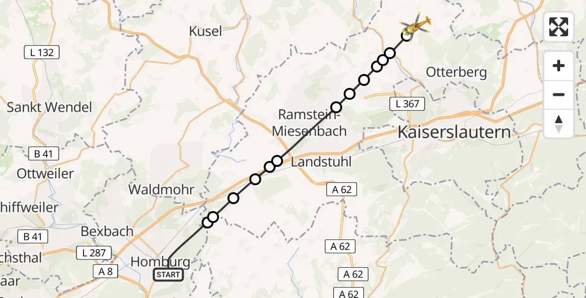 Flugroute Rettungshubschrauber Homburg - Schallodenbach, 17 Februar 2026, 12:13