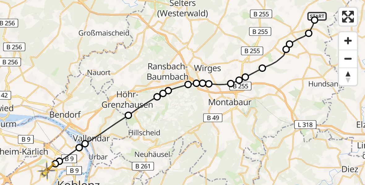 Routekaart van de vlucht: Rettungshubschrauber nach Koblenz, Rübenacher Straße