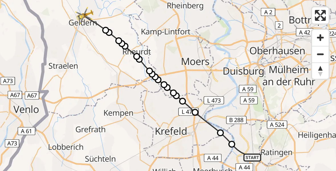 Flugroute Rettungshubschrauber Düsseldorf Airport - Geldern, 17 Februar 2026, 12:19