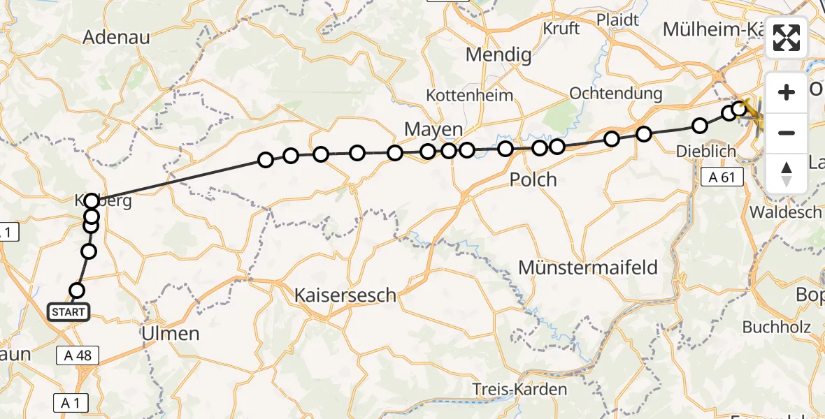 Flugroute Ambulanzhubschrauber Hörscheid - Güls, 17 Februar 2026, 12:25