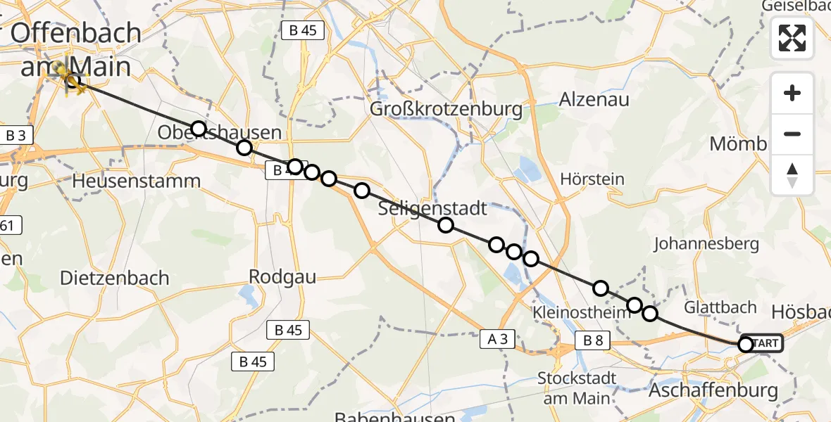 Routekaart van de vlucht: Rettungshubschrauber nach Sana Hospital Offenbach Helipad