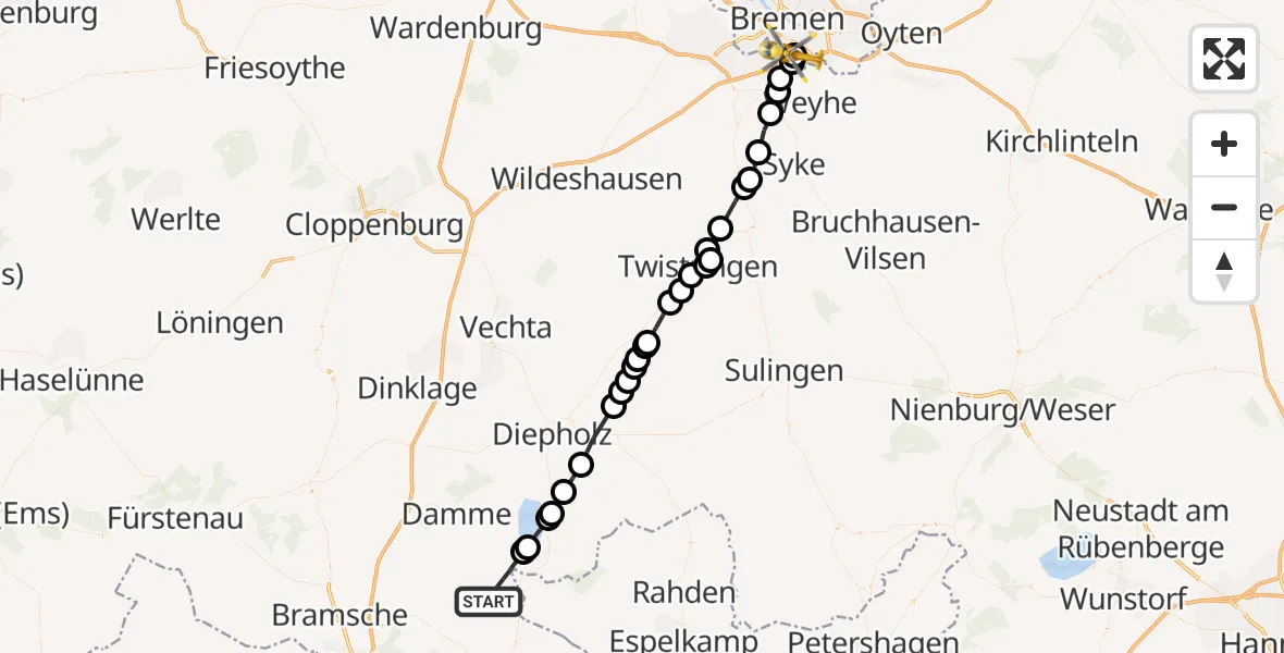 Flugroute Rettungshubschrauber Hunteburg - ADAC Air Rescue Station Bremen Heliport (Christoph 6), 17 Februar 2026, 12:34