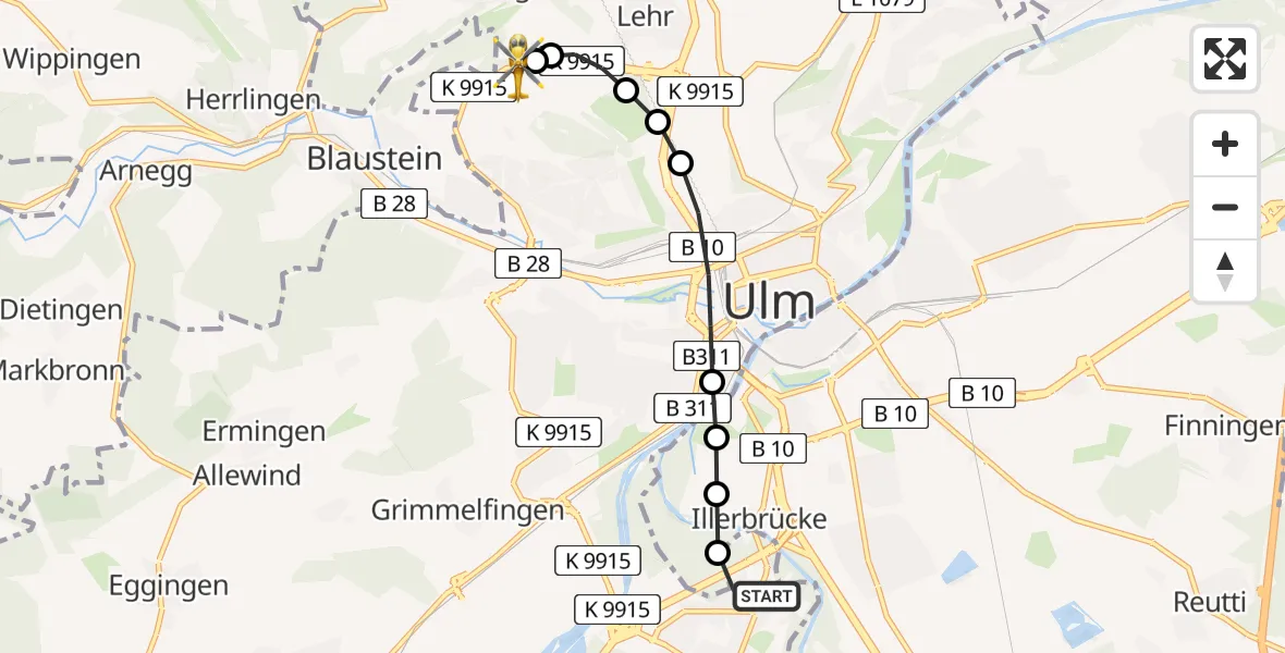 Flugroute Rettungshubschrauber Ulm - ADAC Air Rescue Station Ulm (Christoph 22), 17 Februar 2026, 12:34