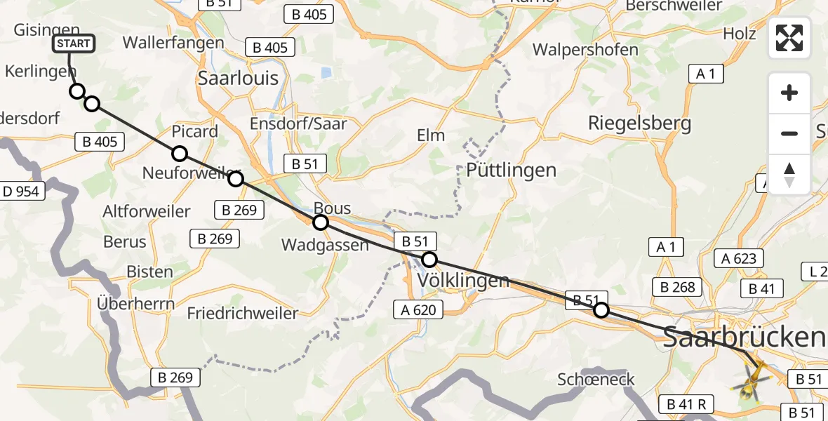 Routekaart van de vlucht: Rettungshubschrauber nach Saarbrücken, Winterberg