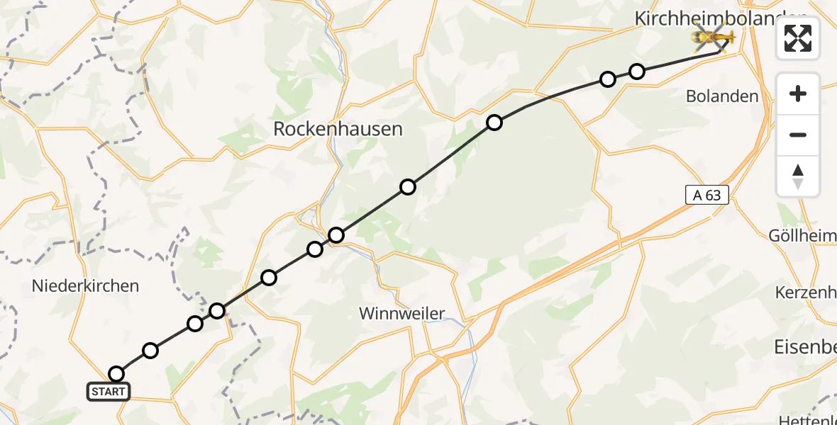 Flugroute Rettungshubschrauber Wörsbach - Kirchheimbolanden, 17 Februar 2026, 12:47