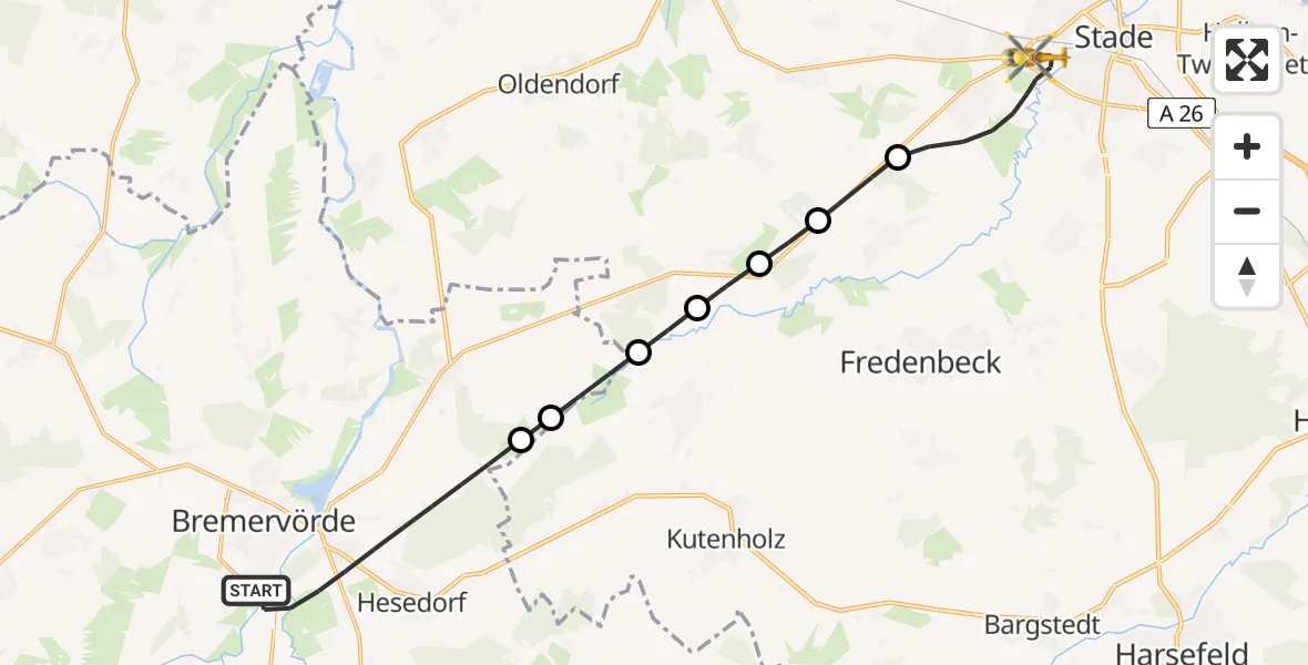 Flugroute Ambulanzhubschrauber Bremervörde - Stade, 17 Februar 2026, 12:51