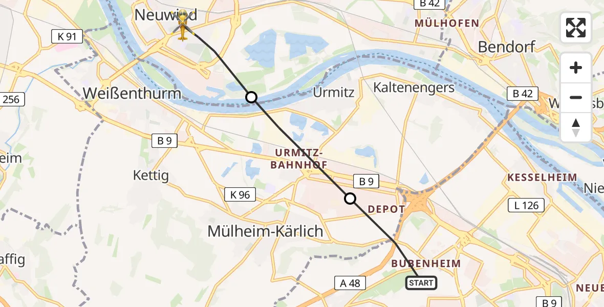 Flugroute Rettungshubschrauber Bubenheim - Neuwied, 17 Februar 2026, 12:53
