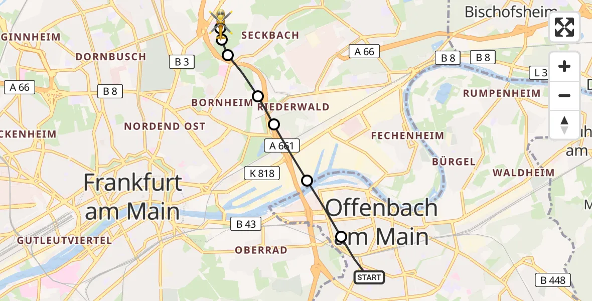 Flugroute Rettungshubschrauber Sana Hospital Offenbach Helipad - Frankfurt am Main Accident Hospital Roof Helipad (CHX2), 17 Februar 2026, 13:07