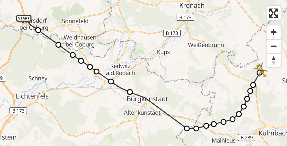 Flugroute Rettungshubschrauber Friesendorf - Grafendobrach, 17 Februar 2026, 13:13