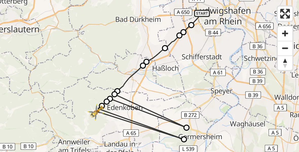Flugroute Rettungshubschrauber Ludwigshafen am Rhein - Ramberg, 17 Februar 2026, 13:19