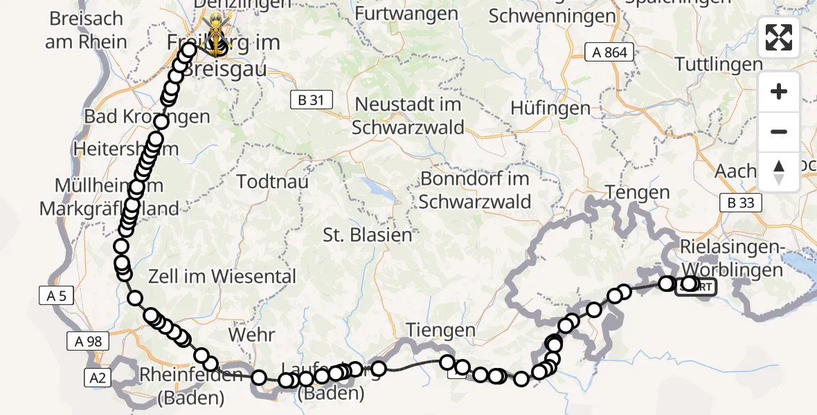 Flugroute Ambulanzhubschrauber Gailingen am Hochrhein - Freiburg im Breisgau Airfield, 17 Februar 2026, 13:30