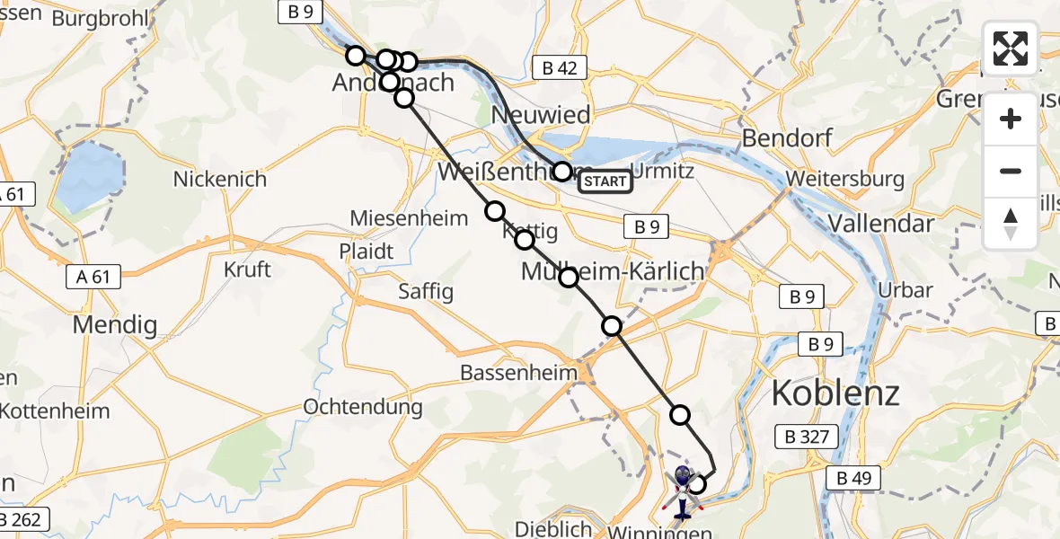 Routekaart van de vlucht: Polizeihubschrauber nach Koblenz-Winningen Airfield