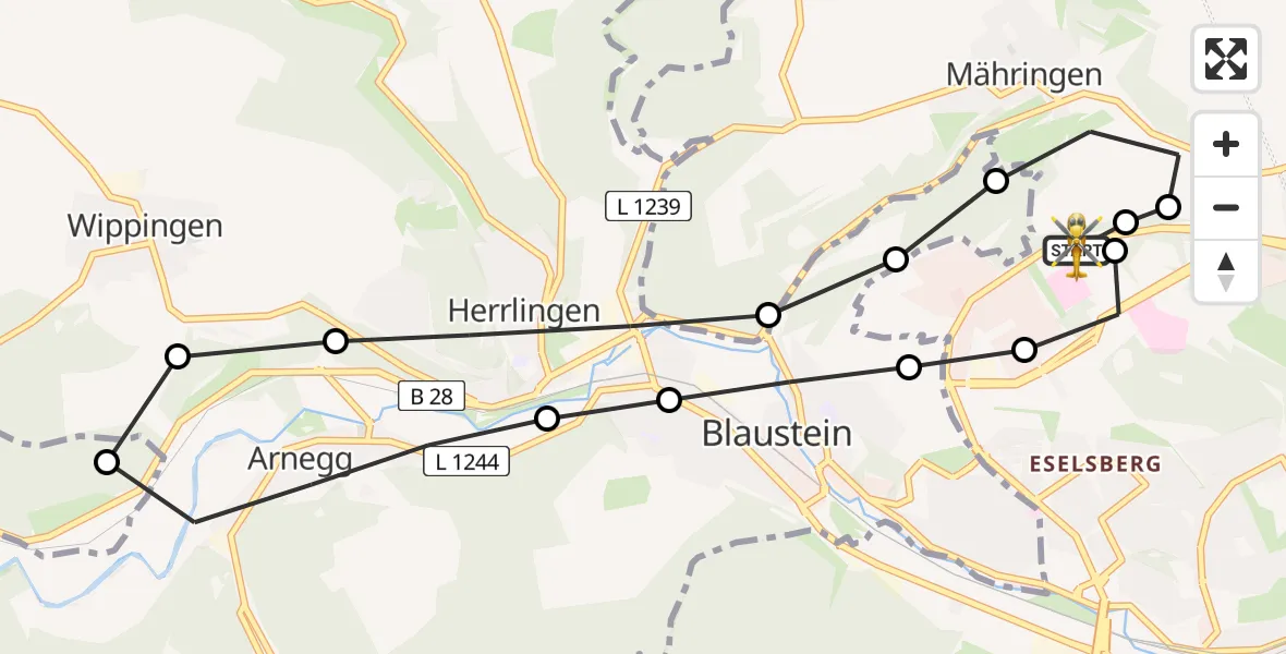 Flugroute Rettungshubschrauber ADAC Air Rescue Station Ulm (Christoph 22) - ADAC Air Rescue Station Ulm (Christoph 22), 17 Februar 2026, 13:59