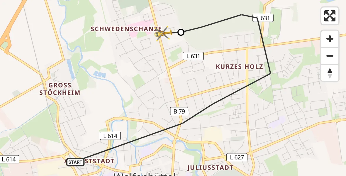 Flugroute Rettungshubschrauber Wolfenbüttel - Wolfenbüttel Municipal Hospital Heliport (Christoph 30), 17 Februar 2026, 14:04