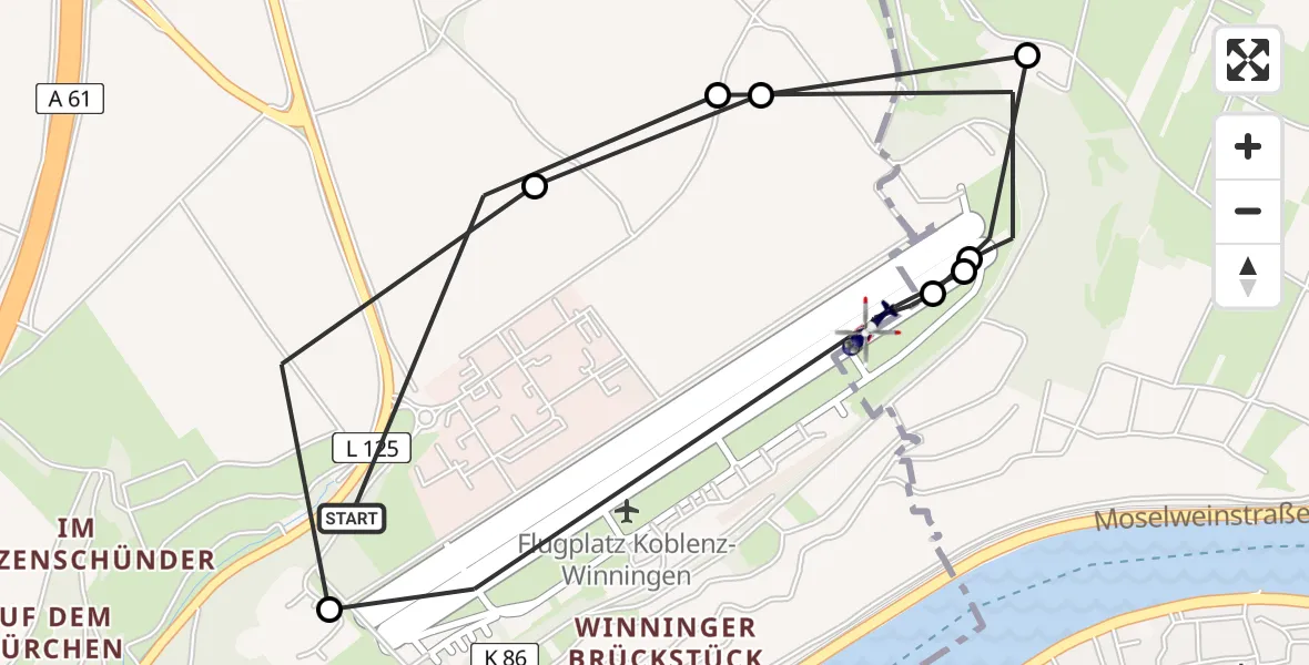 Flugroute Polizeihubschrauber Winningen - Koblenz-Winningen Airfield, 17 Februar 2026, 14:06