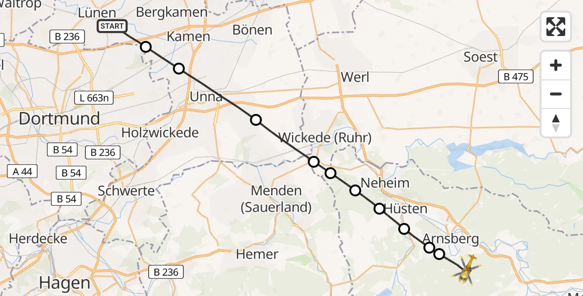 Flugroute Rettungshubschrauber Lünen - Arnsberg, 17 Februar 2026, 14:16