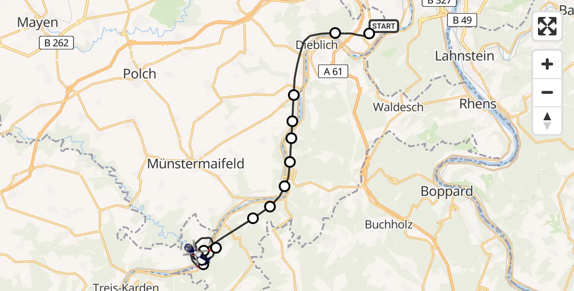 Flugroute Polizeihubschrauber Koblenz-Winningen Airfield - Moselkern, 17 Februar 2026, 14:16