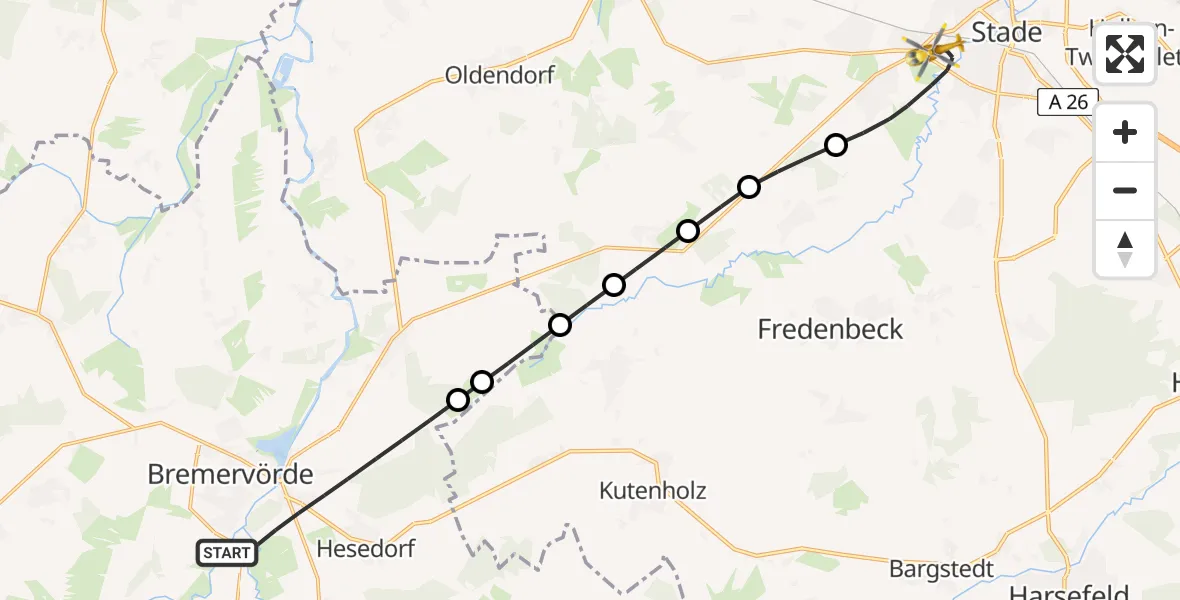 Flugroute Ambulanzhubschrauber Bremervörde - Stade, 17 Februar 2026, 14:30