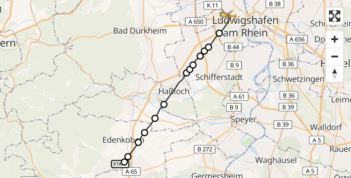 Routekaart van de vlucht: Rettungshubschrauber nach Ludwigshafen Accident Hospital Heliport