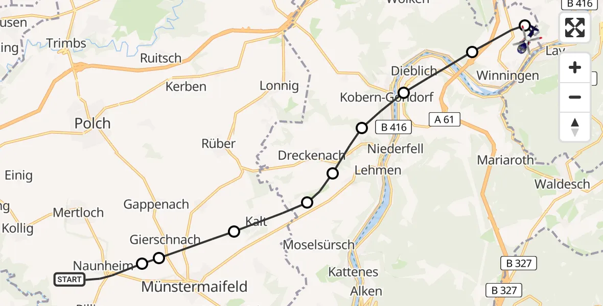 Flugroute Polizeihubschrauber Naunheim - Koblenz-Winningen Airfield, 17 Februar 2026, 14:46