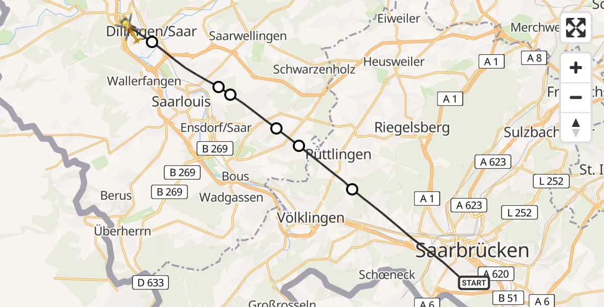 Flugroute Rettungshubschrauber Saarbrücken - Dillingen/Saar, 17 Februar 2026, 14:51
