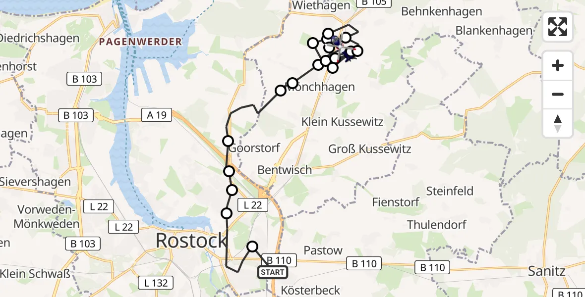 Routekaart van de vlucht: Polizeihubschrauber nach Rövershagen, Rostocker Straße - Ausbau