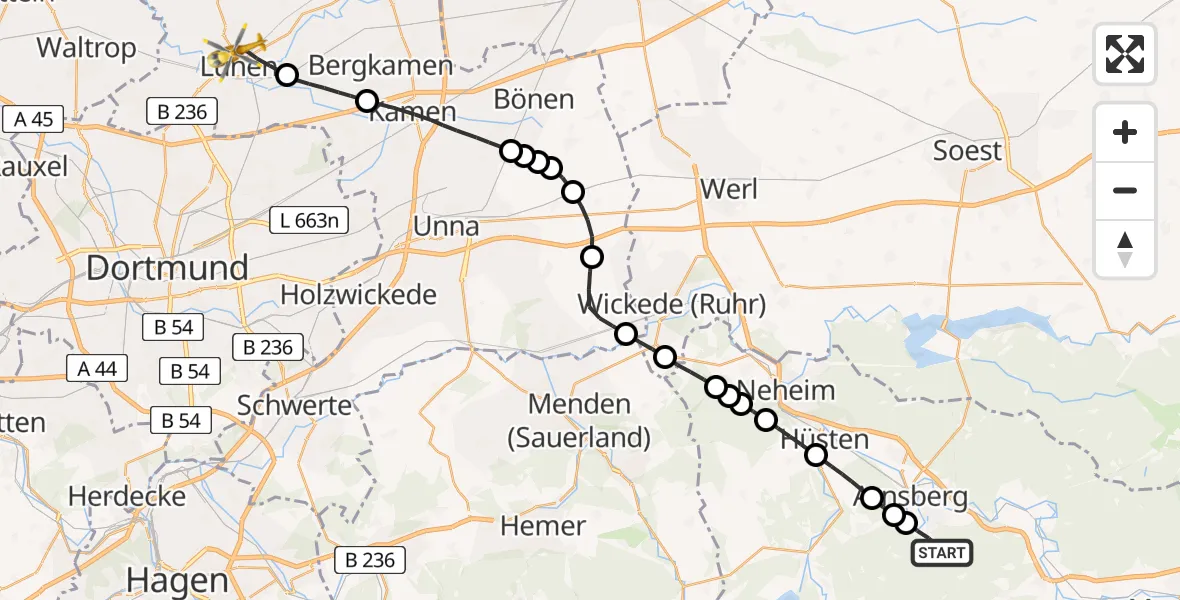 Flugroute Rettungshubschrauber Arnsberg - Lünen, 17 Februar 2026, 15:08