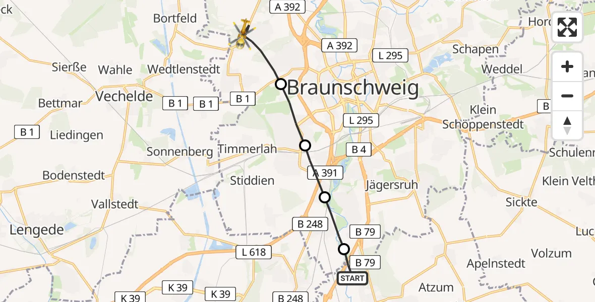 Flugroute Rettungshubschrauber Wolfenbüttel - Lehndorf-Watenbüttel, 17 Februar 2026, 15:09