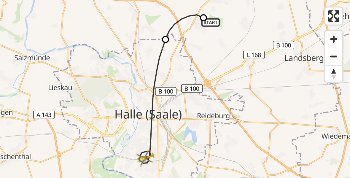 Flugroute Rettungshubschrauber Halle-Oppin Airfield - Halle (Saale), 17 Februar 2026, 15:12