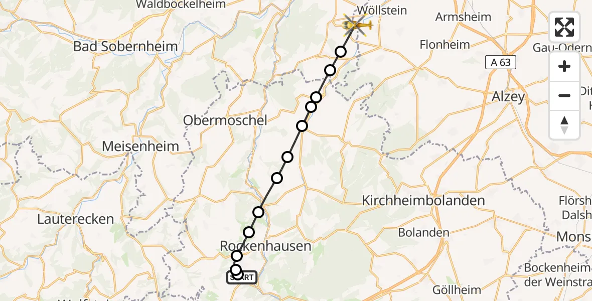 Routekaart van de vlucht: Rettungshubschrauber nach Wöllstein, K 2