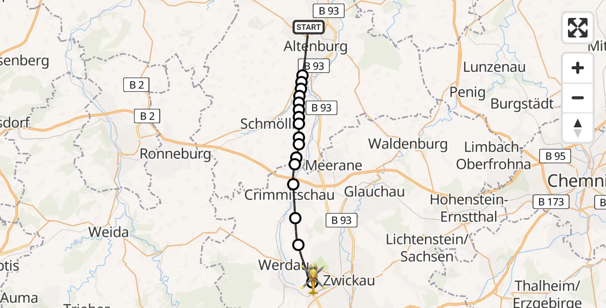 Flugroute Rettungshubschrauber Altenburg - ADAC Air Rescue Station Zwickau Heliport, 17 Februar 2026, 15:29