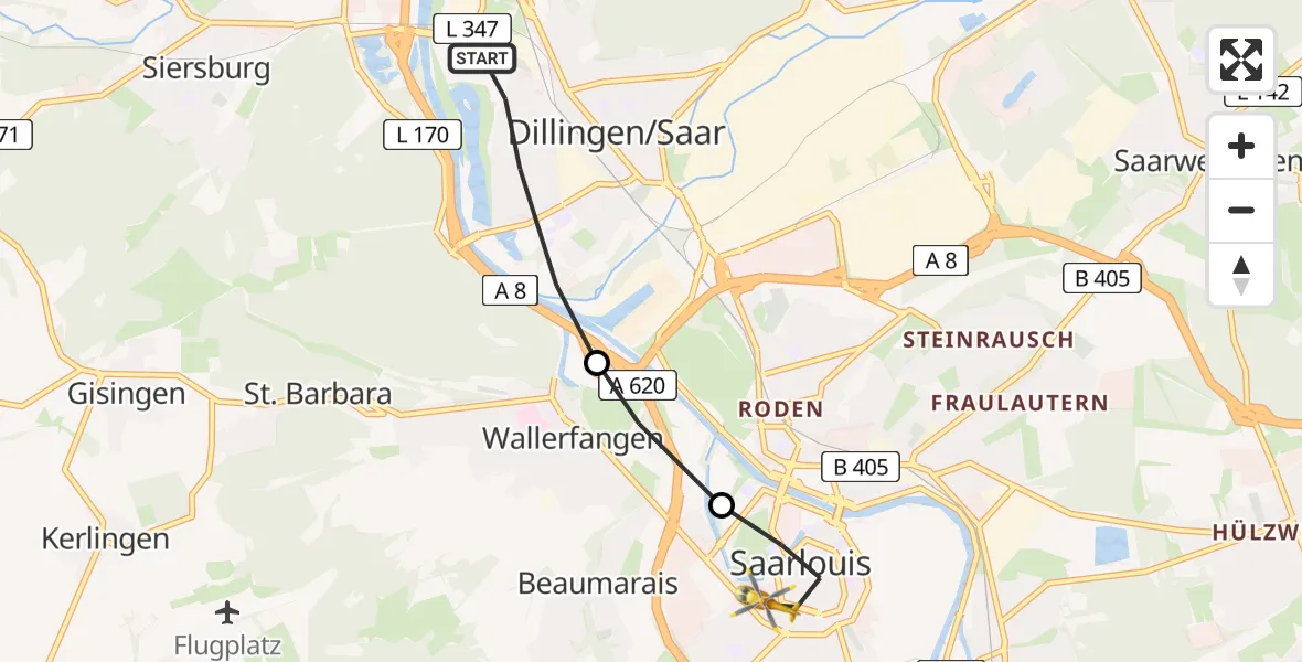 Flugroute Rettungshubschrauber Dillingen/Saar - Saarlouis, 17 Februar 2026, 15:34