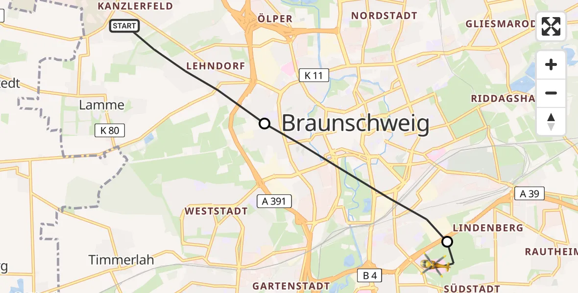 Flugroute Rettungshubschrauber Lehndorf-Watenbüttel - Südstadt-Rautheim-Mascherode, 17 Februar 2026, 15:43