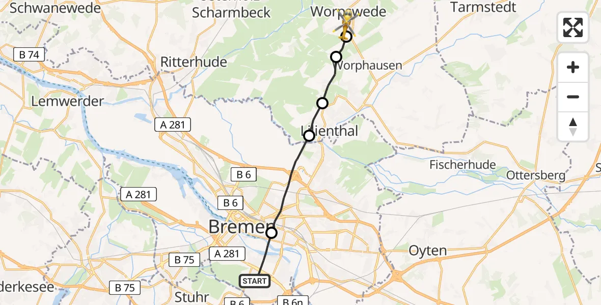 Flugroute Rettungshubschrauber Bremen-Süd - Worpswede, 17 Februar 2026, 15:48