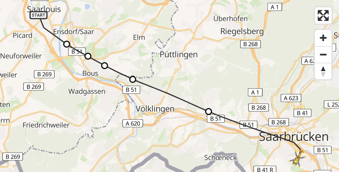 Flugroute Rettungshubschrauber Saarlouis - Saarbrücken, 17 Februar 2026, 16:05