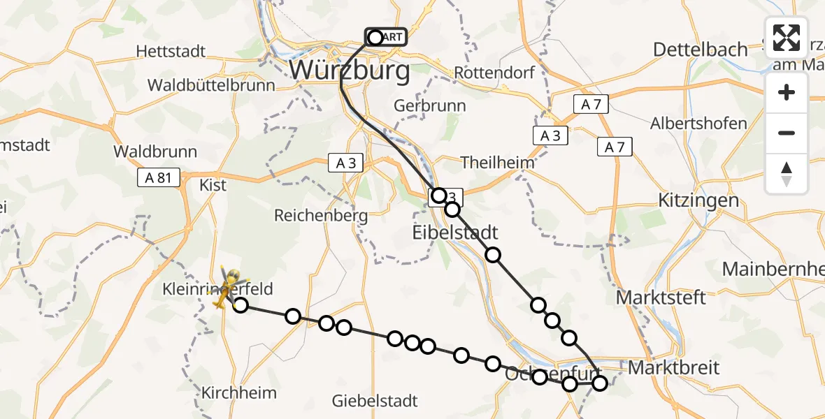 Flugroute Rettungshubschrauber Würzburg University Hospital Straubmühlweg Heliport - Kleinrinderfeld, 17 Februar 2026, 16:08