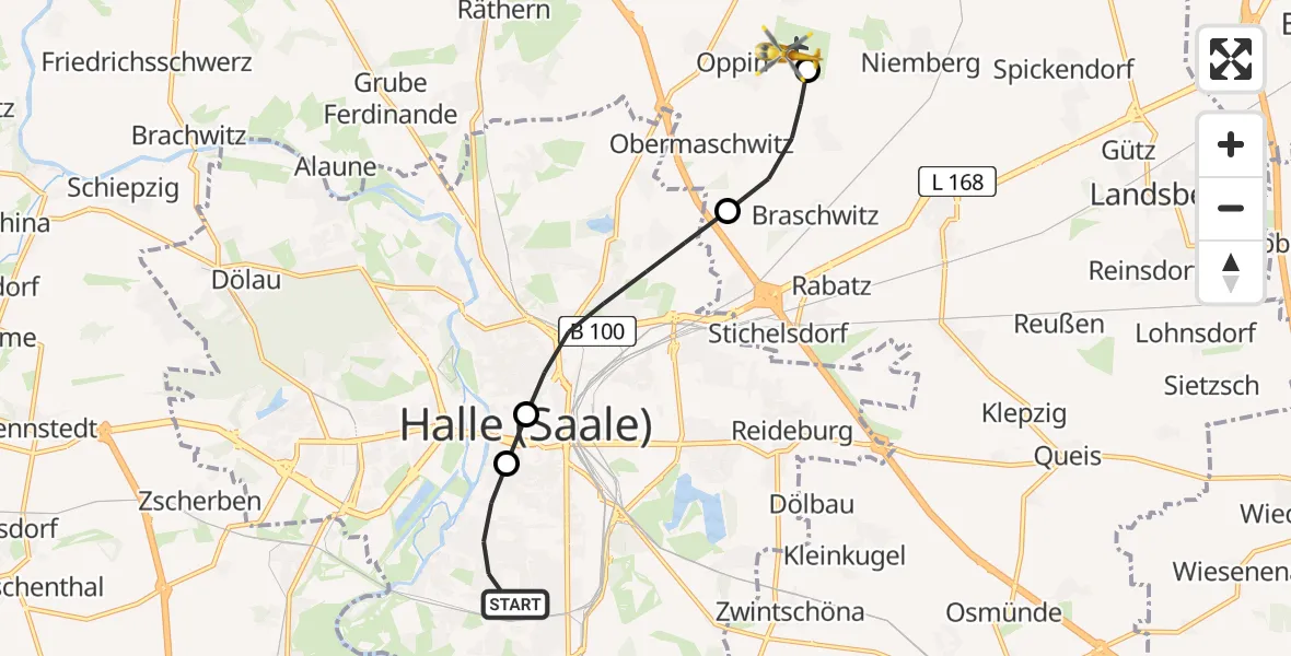 Flugroute Rettungshubschrauber Halle (Saale) - Halle-Oppin Airfield, 17 Februar 2026, 16:10