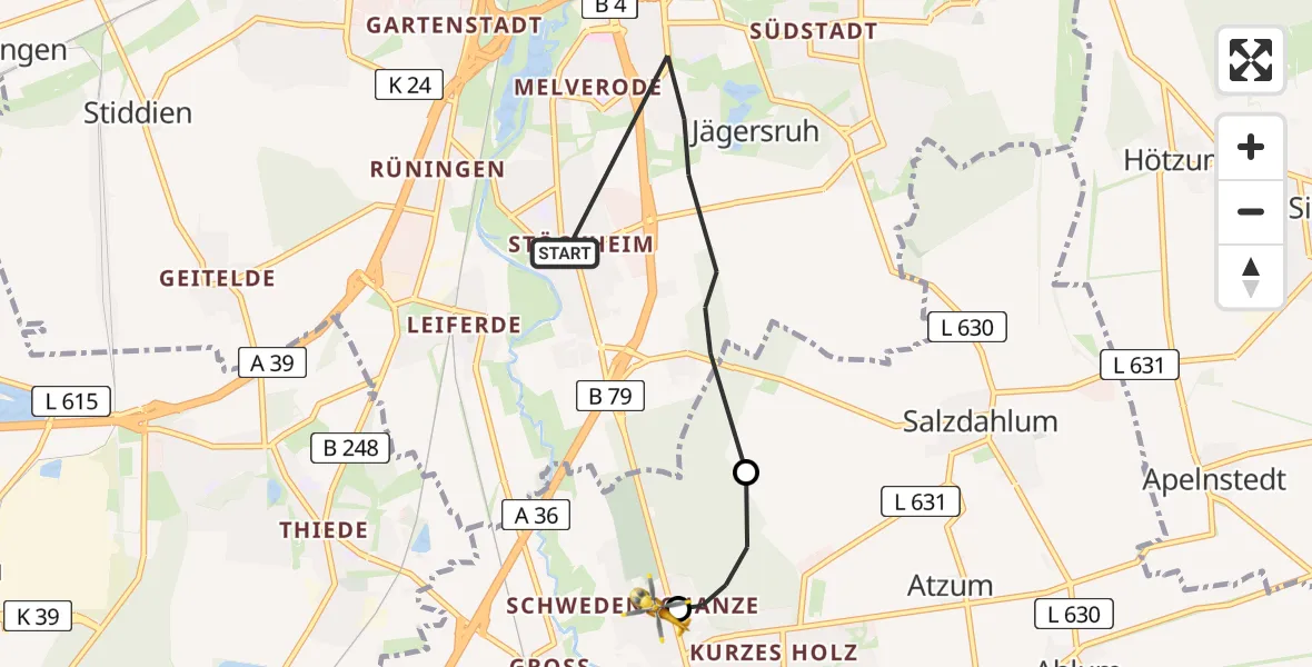 Flugroute Rettungshubschrauber Braunschweig-Süd - Wolfenbüttel Municipal Hospital Heliport (Christoph 30), 17 Februar 2026, 16:16