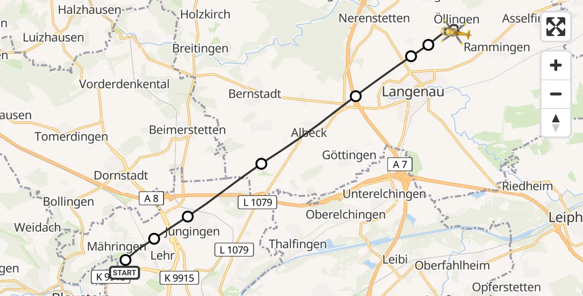 Flugroute Rettungshubschrauber ADAC Air Rescue Station Ulm (Christoph 22) - Öllingen, 17 Februar 2026, 16:24