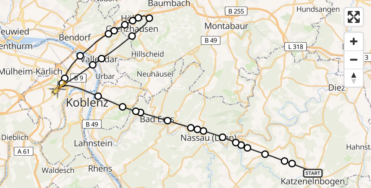 Flugroute Rettungshubschrauber Klingelbach - Koblenz, 17 Februar 2026, 16:25