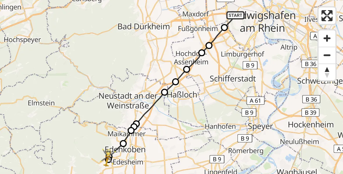 Routekaart van de vlucht: Rettungshubschrauber nach Weyher in der Pfalz, Rhodter Straße